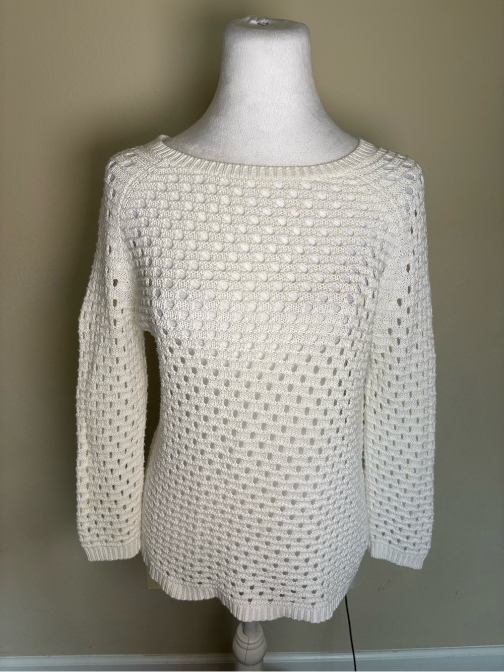 Cynthia Rowley Women's White Open-Knit Crew Neck 3/4 Sleeve Cotton Sweater S
